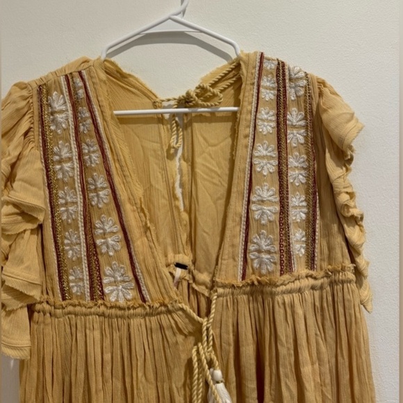 Free People Will Wait For You Yellow V Neck Floral Ruffle Boho Midi Dress SZ XS - Picture 6 of 12